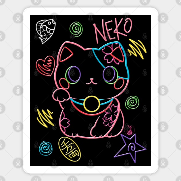 Neon Neko (2) - Cute neon light Japanese beckoning cats to bring you good luck Magnet by SamInJapan